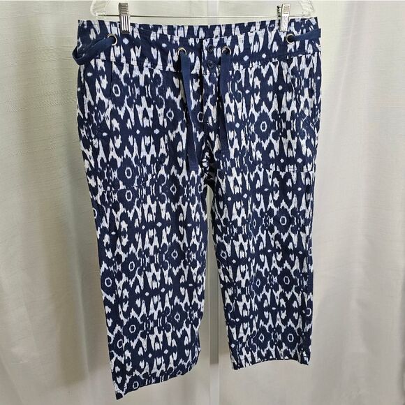 Freedom Trail by Kyodan Blue Geometric Linen Blend Capri Pants Size Large - Picture 10 of 12